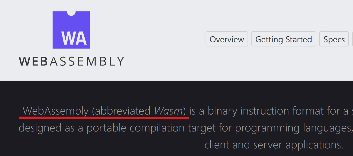A photo of webassembly.org confirming Wasm does in fact stand for WebAssembly